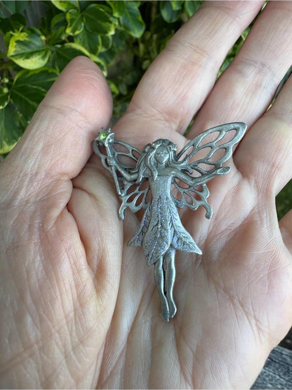 JJ Jonette Jewelry Silver Pewter Fairy Wing Brooch Purple Glitter - Vintage